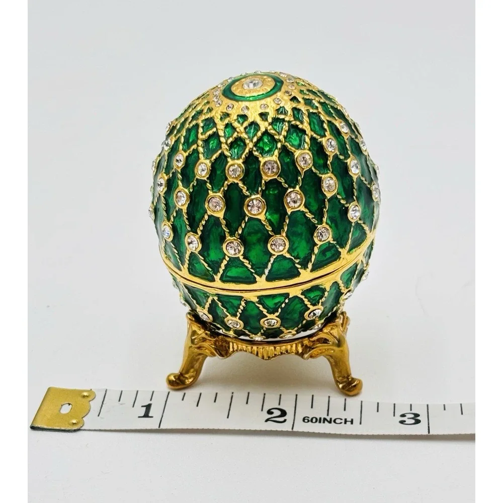 Jeweled Egg Trinket Box Green Enamel Rhinestone Gold Tone Hinged Decorative
